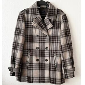 Land's End Women's Brown Beige Blue Plaid Double Breasted Pea Coat Wool Blend 14